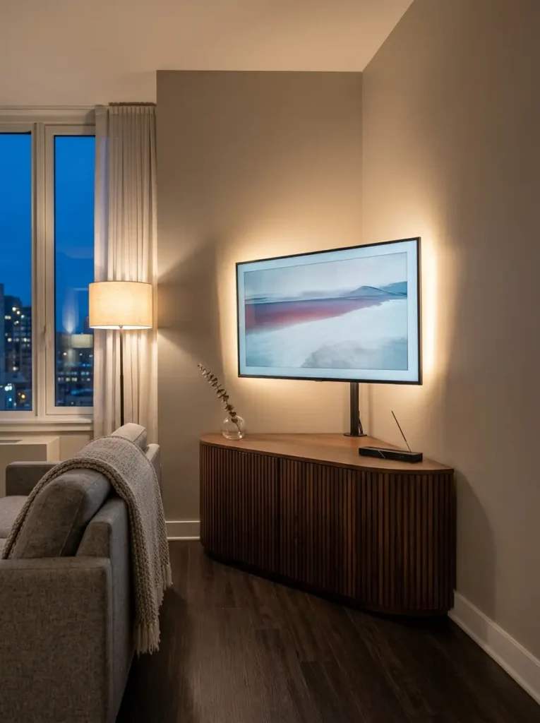 Fluted wood corner cabinet saves space below a backlit screen in a small living room tv wall.