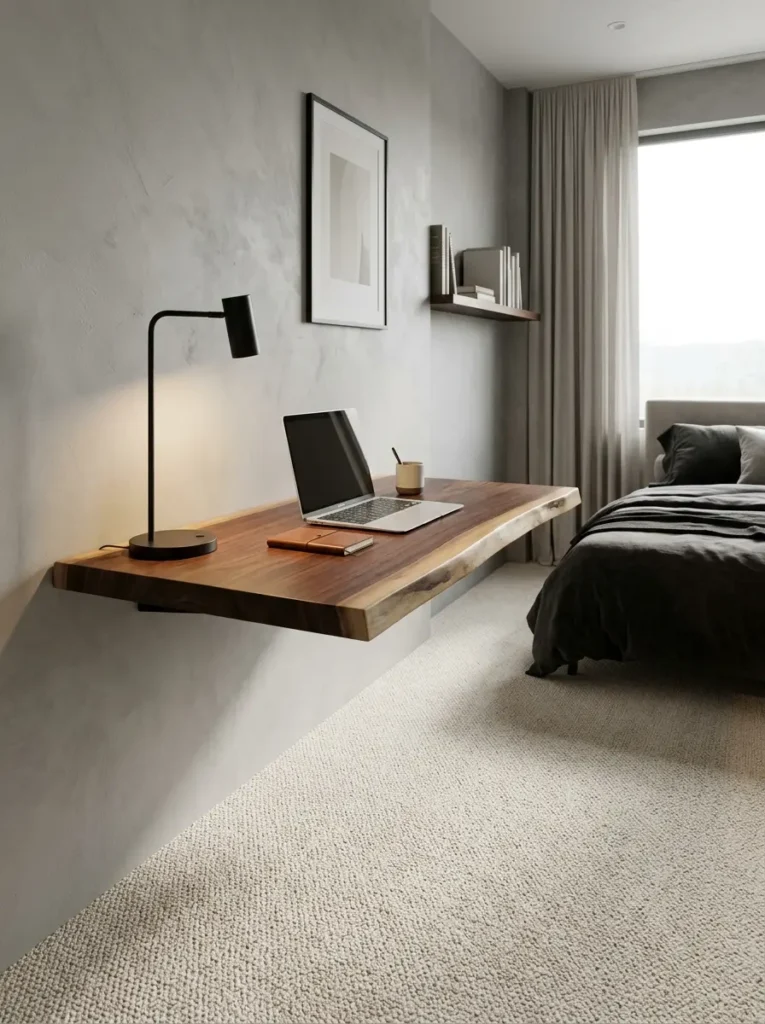 Solid raw edge wooden desk floating out from a grey wall with no legs holding a silver laptop and black task lamp.