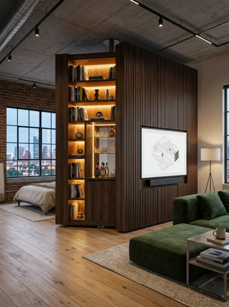 Floor to ceiling rotating ribbed wood partition functioning as a bookshelf, bar, and TV mount in a loft.