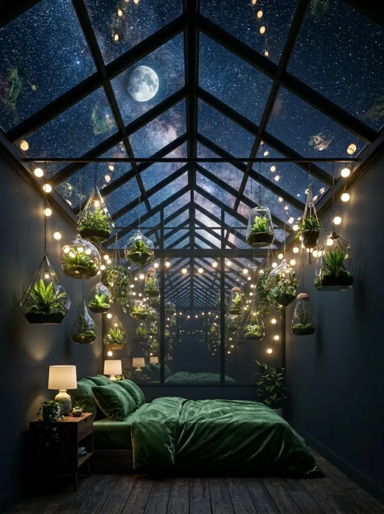 Dark green bedroom featuring a full glass ceiling showing a starry night sky with hanging terrariums and string lights