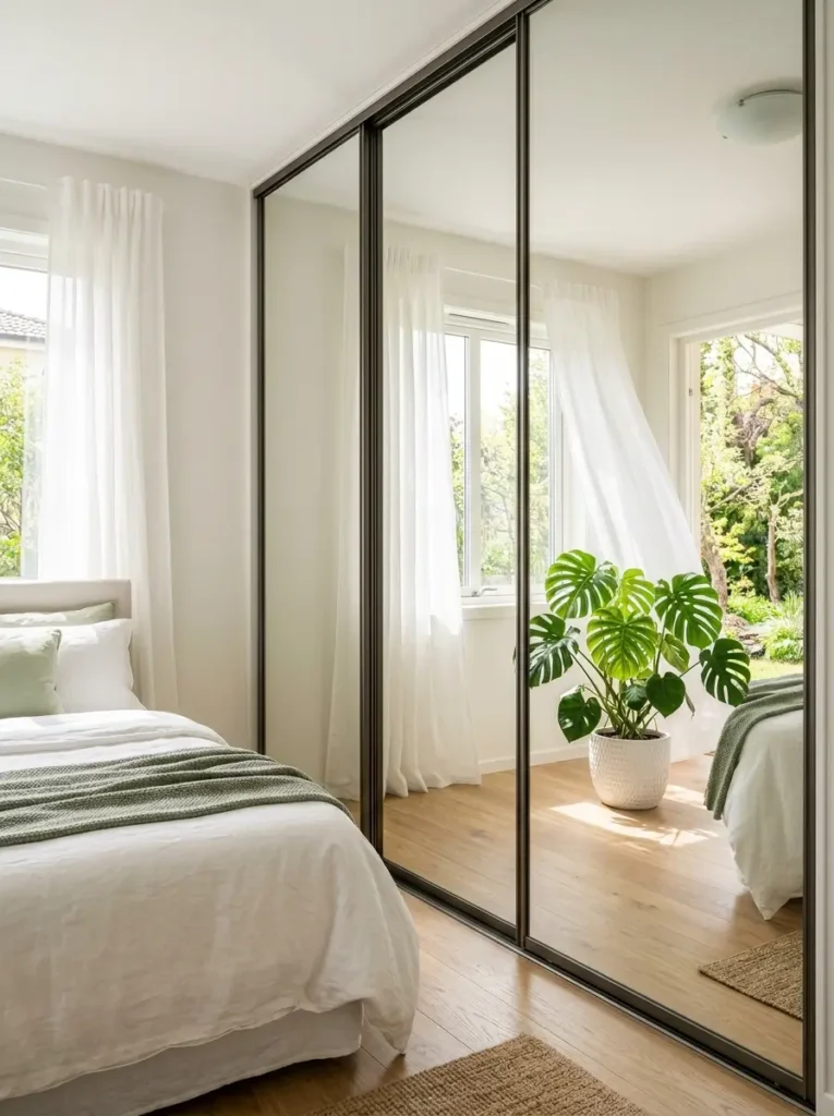 Floor to ceiling mirror doors reflect a large green potted plant.