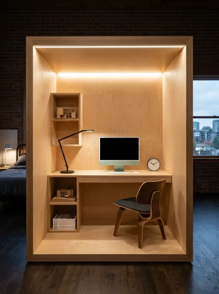 Enclosed wooden plywood booth with a desk and computer.