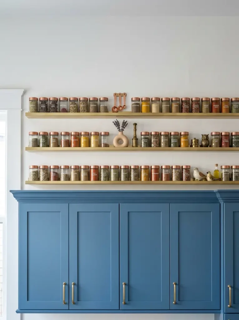 Three thin brass wall ledges holding uniform glass spice jars with rose gold lids above blue cabinets.