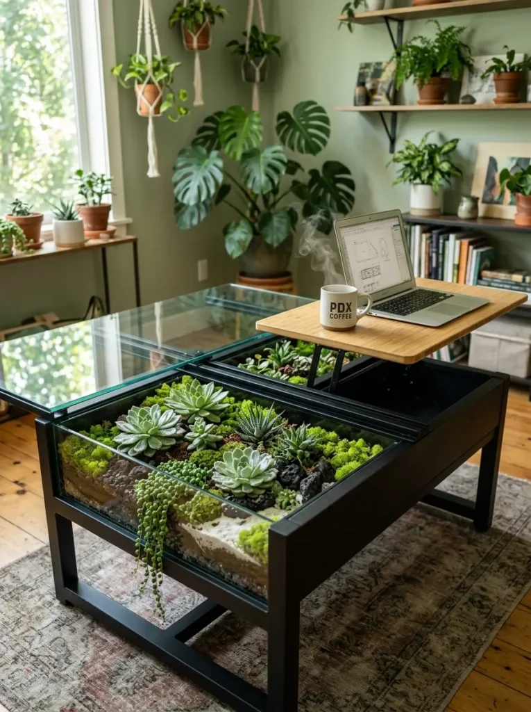 Lift Top Terrarium Table Black frame table containing a succulent terrarium and an elevated wooden laptop desk panel.