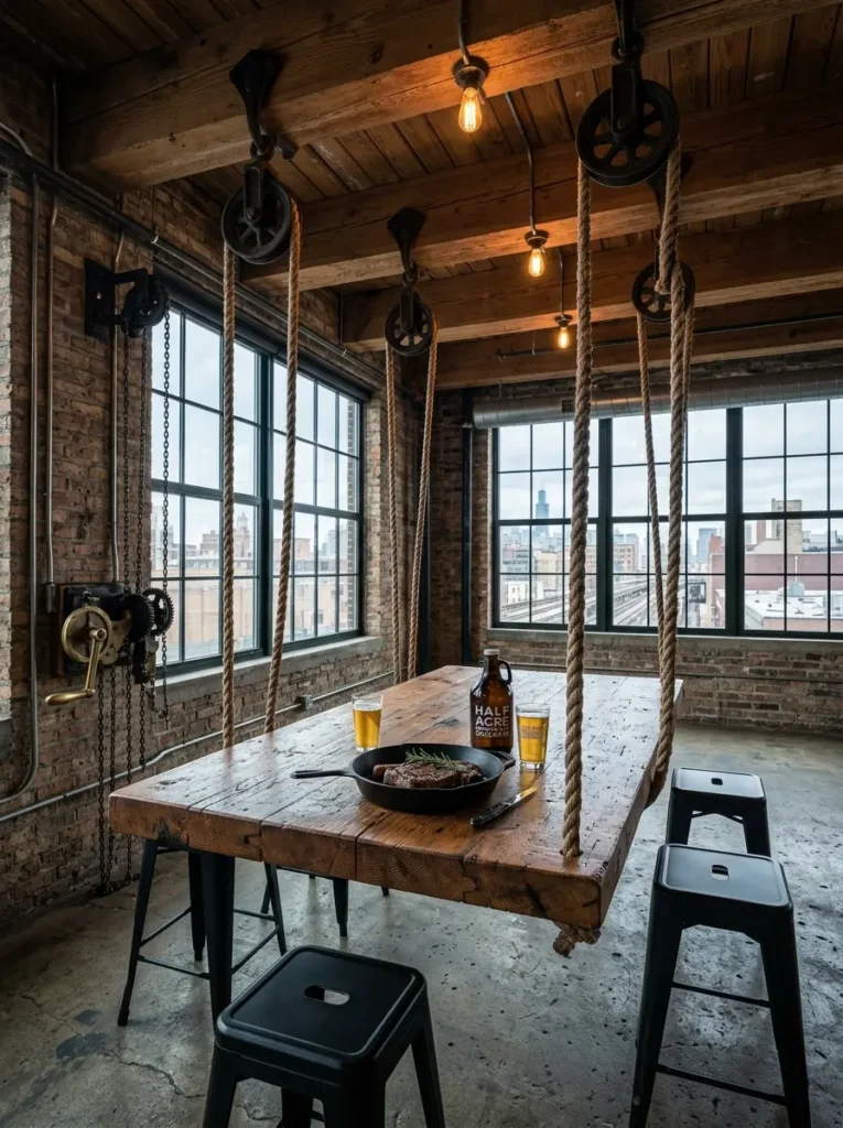Ceiling Pulley Hoisted Rustic Timber Slab Massive rustic timber space saving dining table hoisted by thick ropes and iron ceiling pulleys.