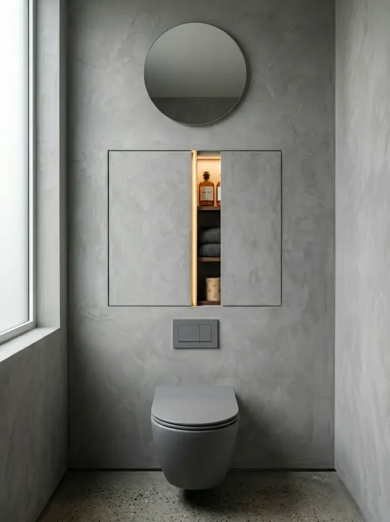 Flush cement wall panels opening to a hidden vertical niche with warm light