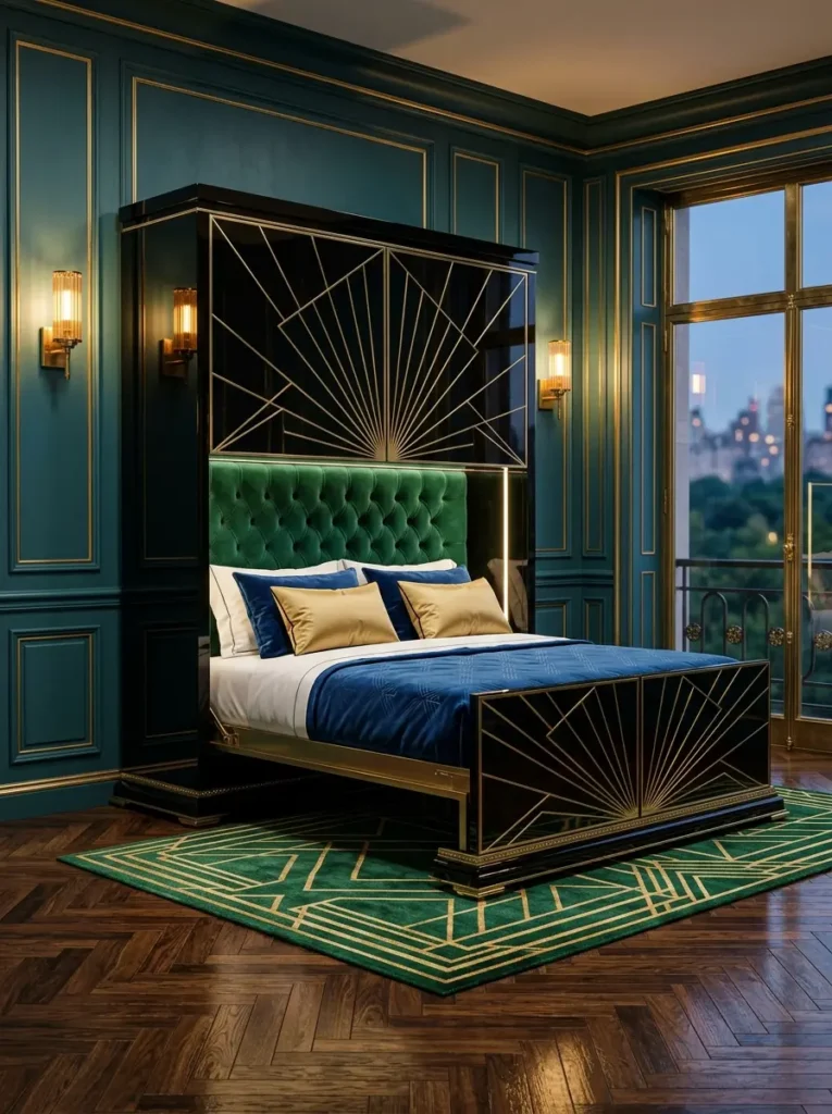 Art Deco Geometric Wall Bed Glamorous black art deco affordable murphy bed with gold sunburst patterns and an emerald green headboard.