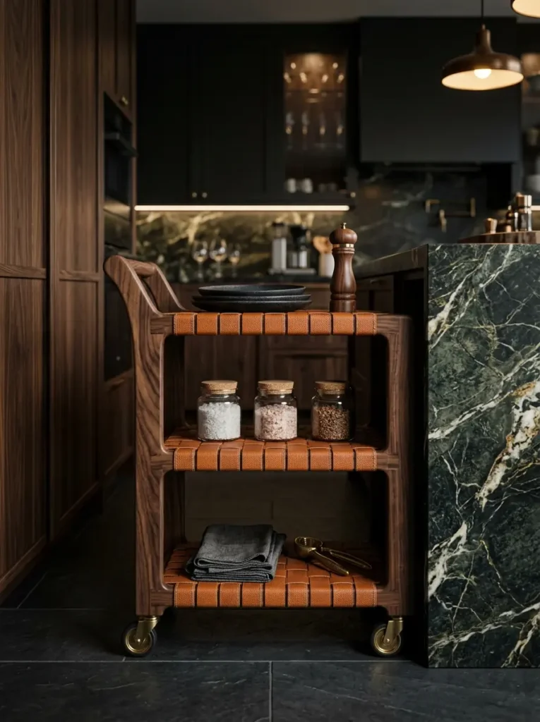 Dark walnut wood cart with shelves made of woven tan leather straps