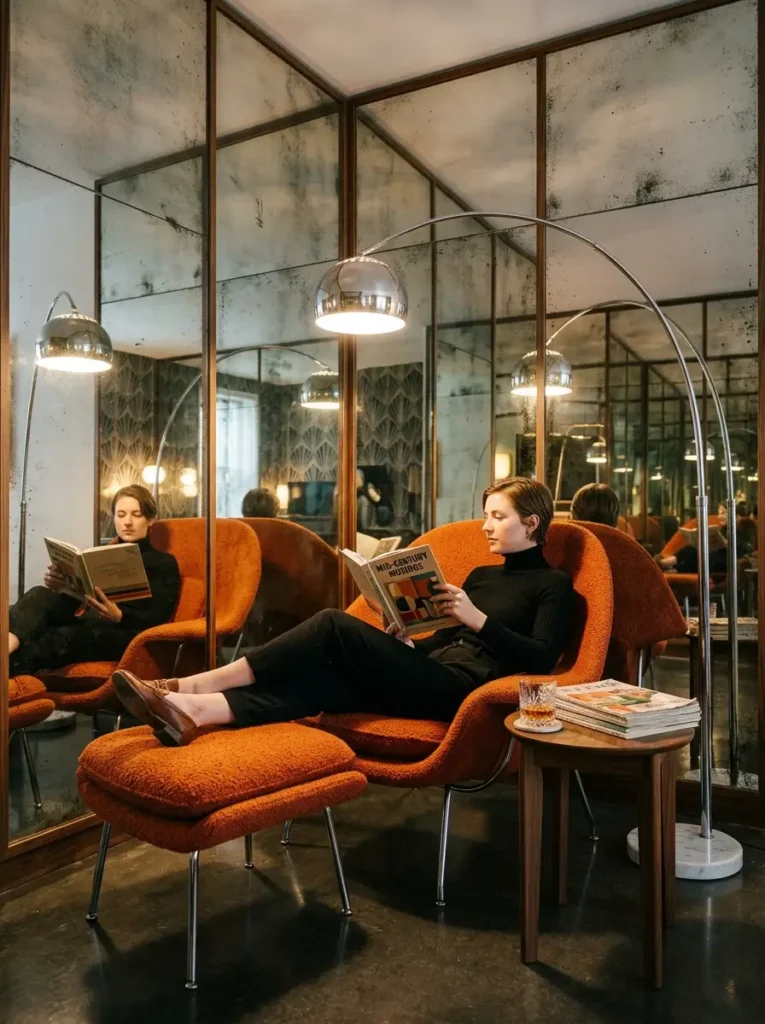 Mirrored Corner Chair Woman reading a book in an orange chair cornered by antique mirrors.