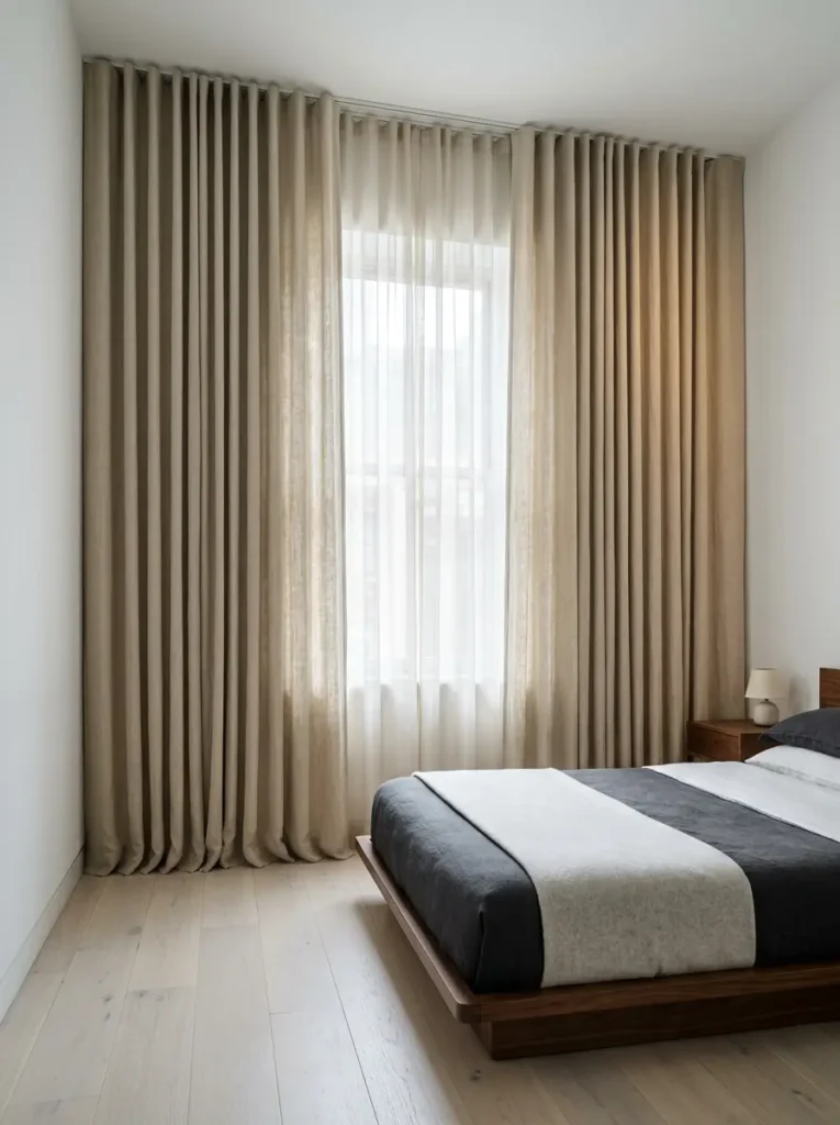 Beige Monochromatic Bedroom Curtains Beige pleated curtains matching pale walls and light oak floors in a bright bedroom.