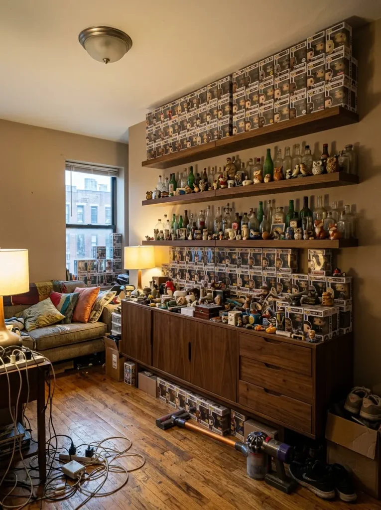 Living room wall shelves completely packed with hundreds of glass bottles figurines and small distracting trinkets