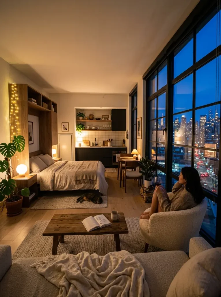 A woman relaxes in a chair looking out a window inside an organized studio apartment.