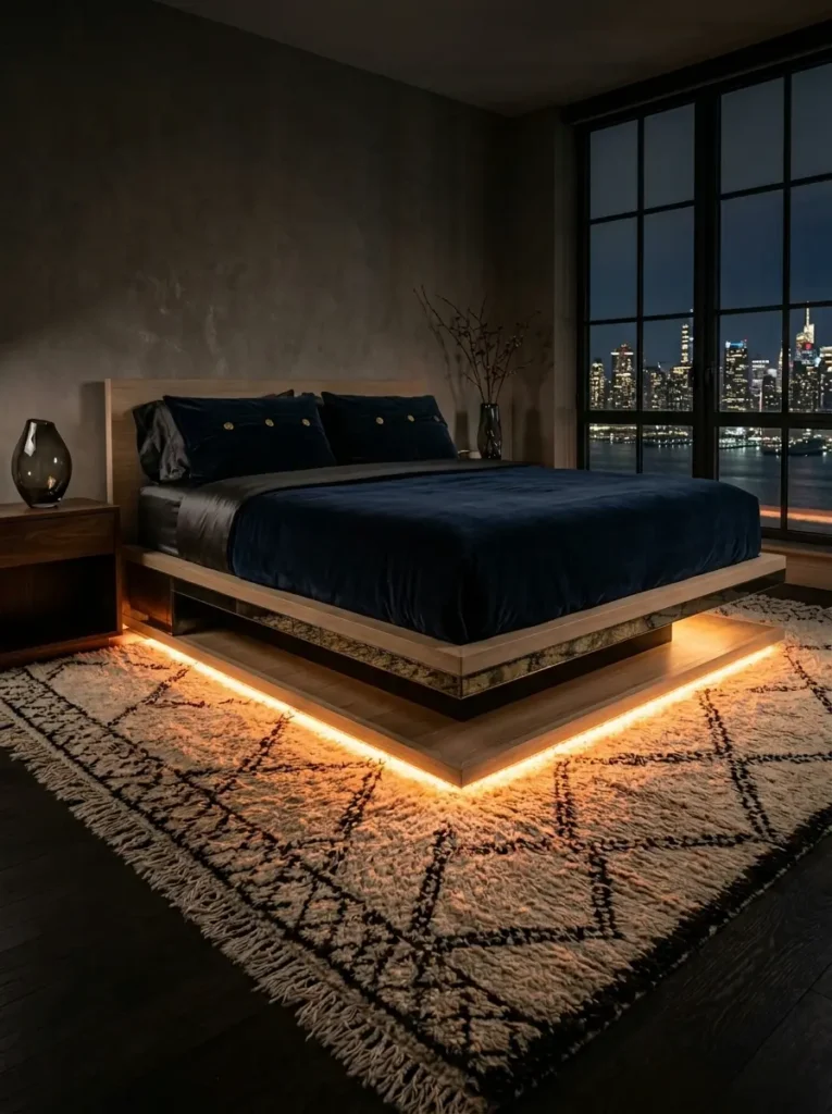 Mirrored Base Hovering Bed Platform bed with a mirrored base reflecting the fuzzy rug below to create a hovering effect