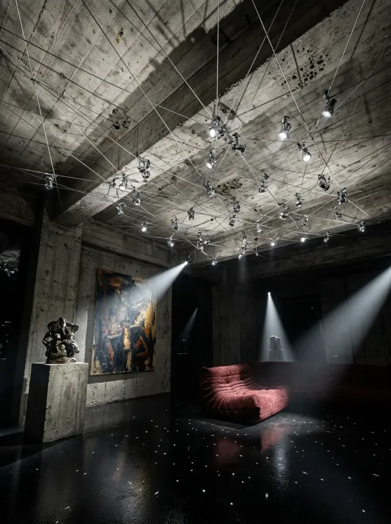 Suspended tension wire spotlights providing gallery lighting for dark apartments.