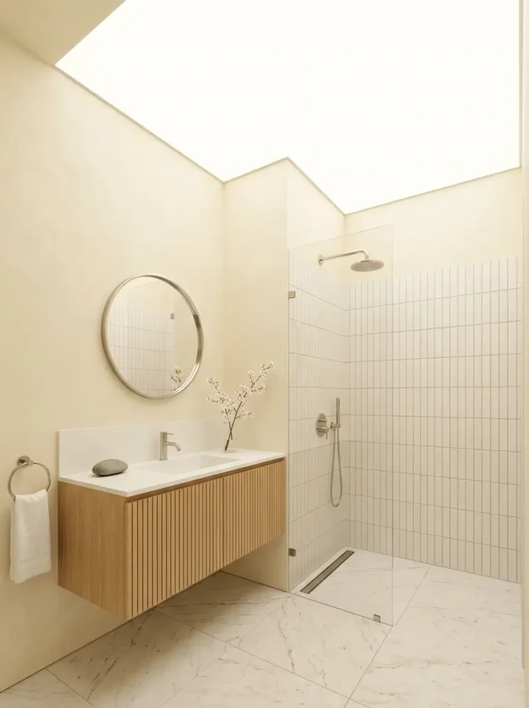 Warm Cream Neutral Bathroom Cream colored bathroom with large ceiling light and wooden vanity