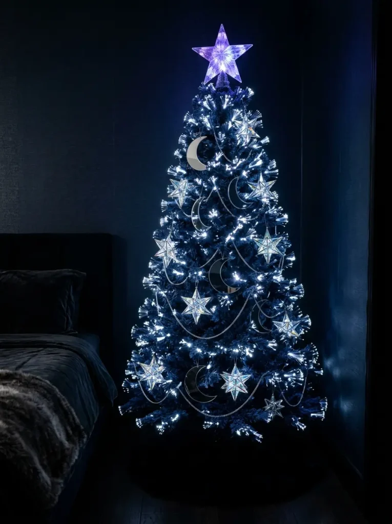 Midnight blue Christmas tree with glowing fiber optic tips silver moons and faceted glass stars