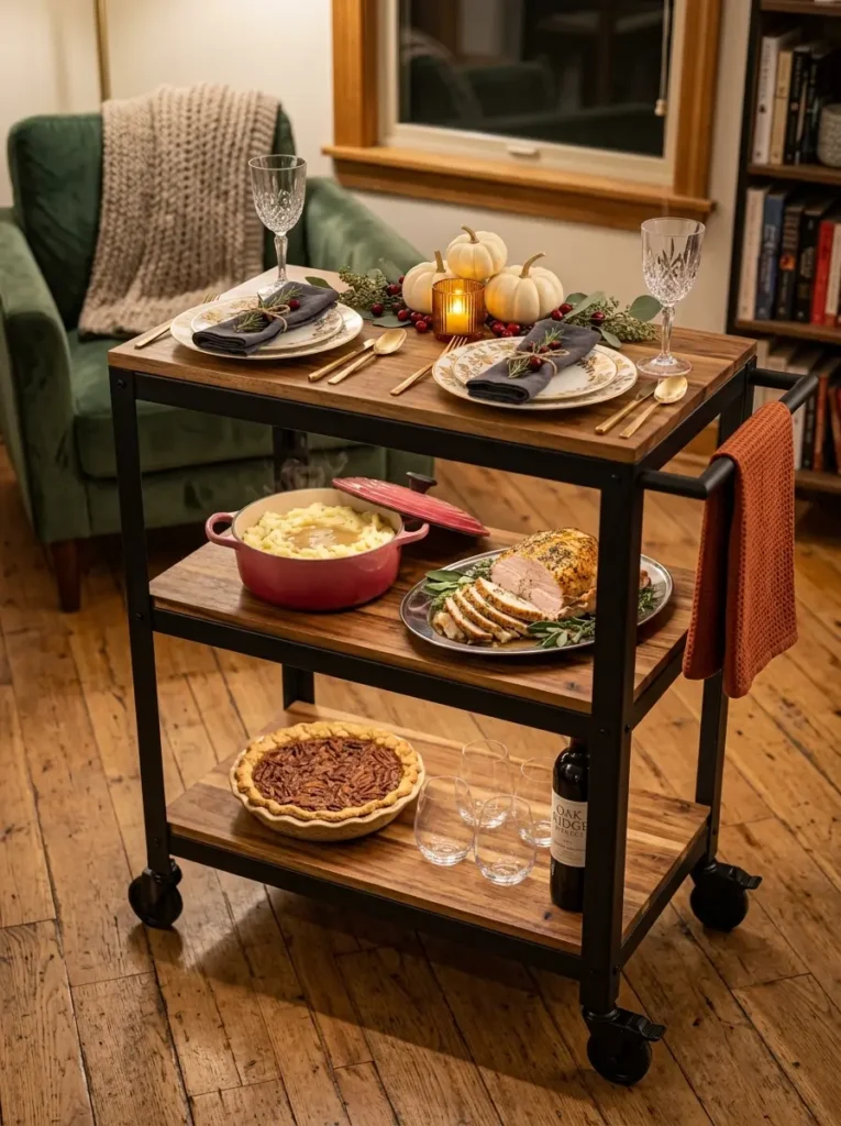 Three tier metal and wood rolling cart holding holiday side dishes and a pecan pie