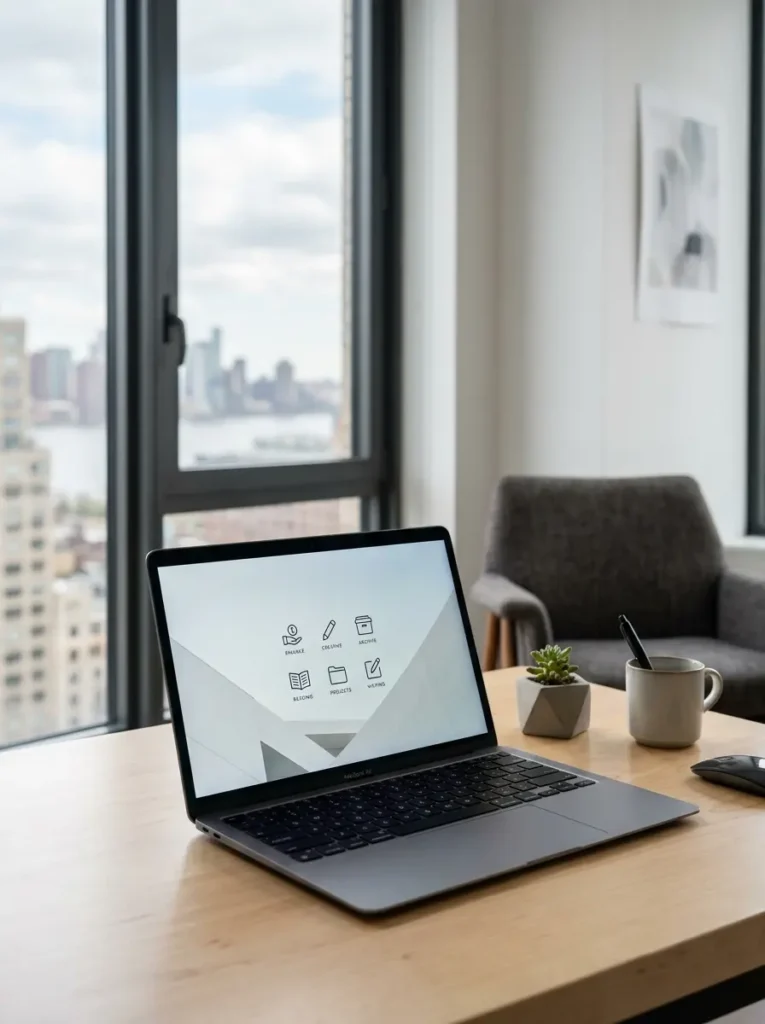 Open laptop on a wooden table displays a minimal white screen with six simple black icons.