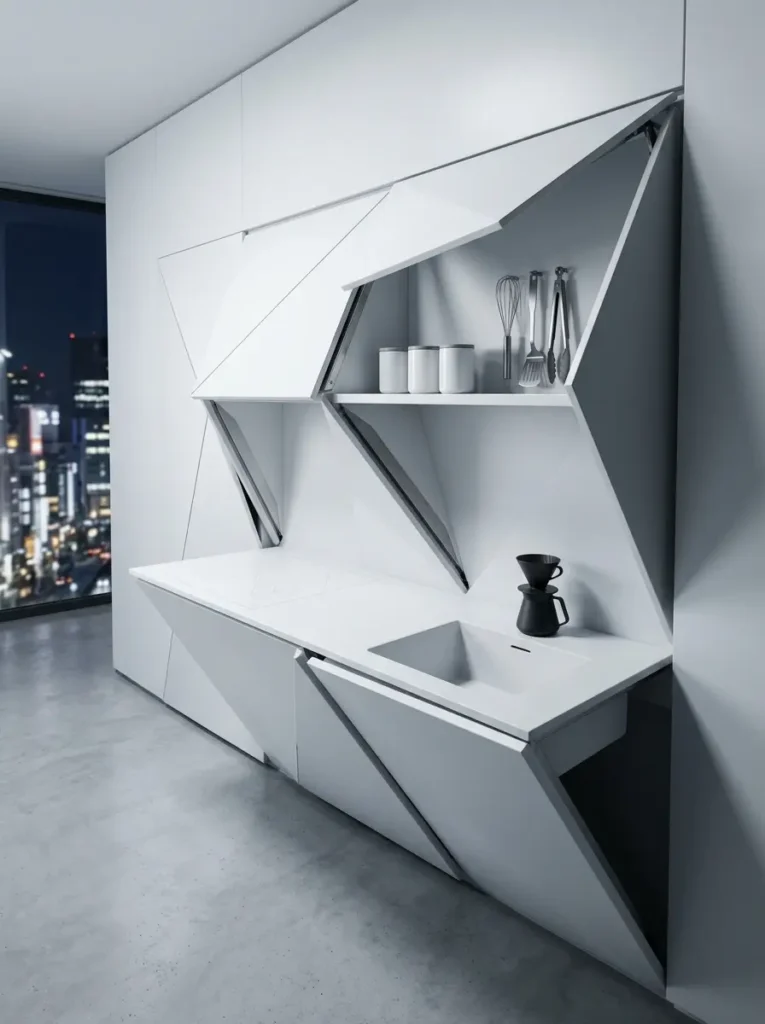 Stark white geometric wall panels folded outward on hinges to reveal a hidden sink, cooktop, and storage shelves.