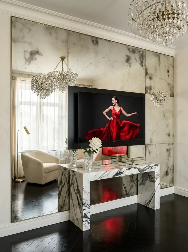 Antique mirrored accent wall behind a marble console visually expands a small living room tv wall.