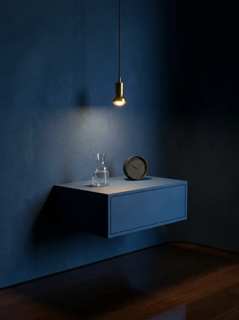 Single matte blue drawer hovering above a hardwood floor matching the dark blue wall behind it exactly in a moody bedroom.
