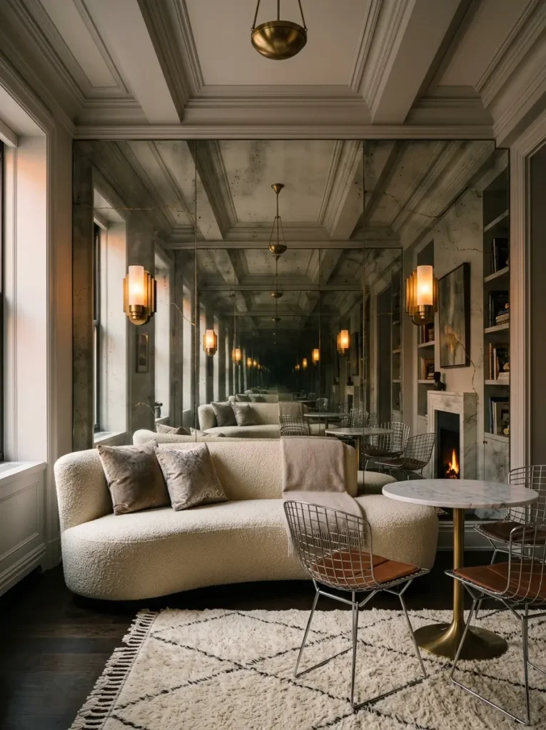 Small living room featuring an antiqued distressed mirror wall behind a curved cream bouclé sofa.
