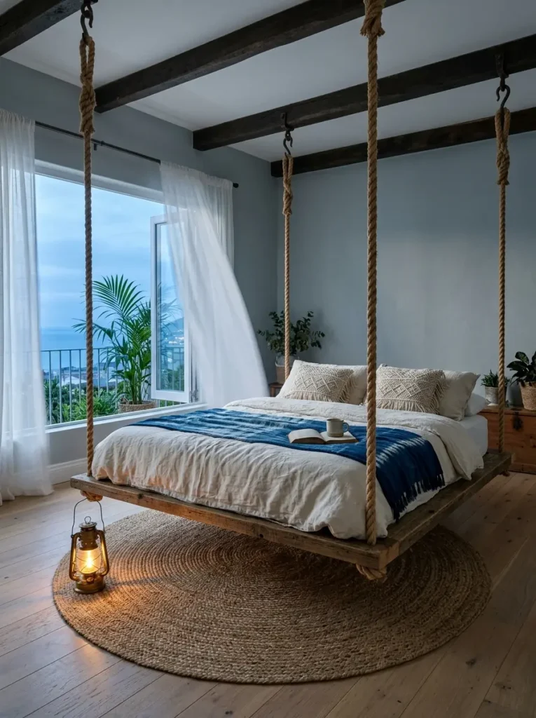 Coastal room featuring a wooden platform bed suspended from the ceiling by thick nautical ropes near a large open window