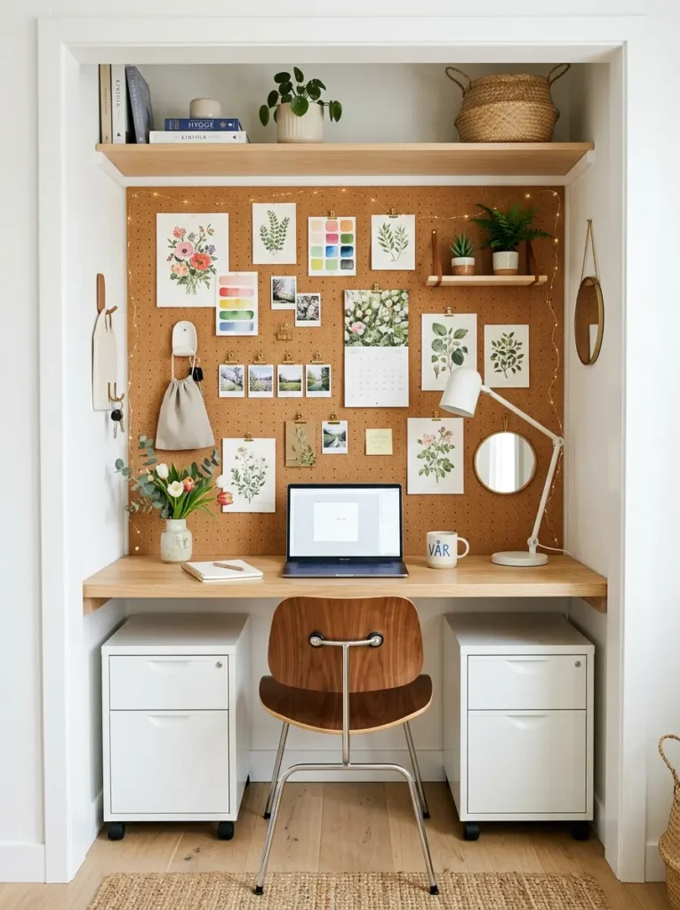 Open laptops sit on a timber desk inside a closet with a corkboard back wall.