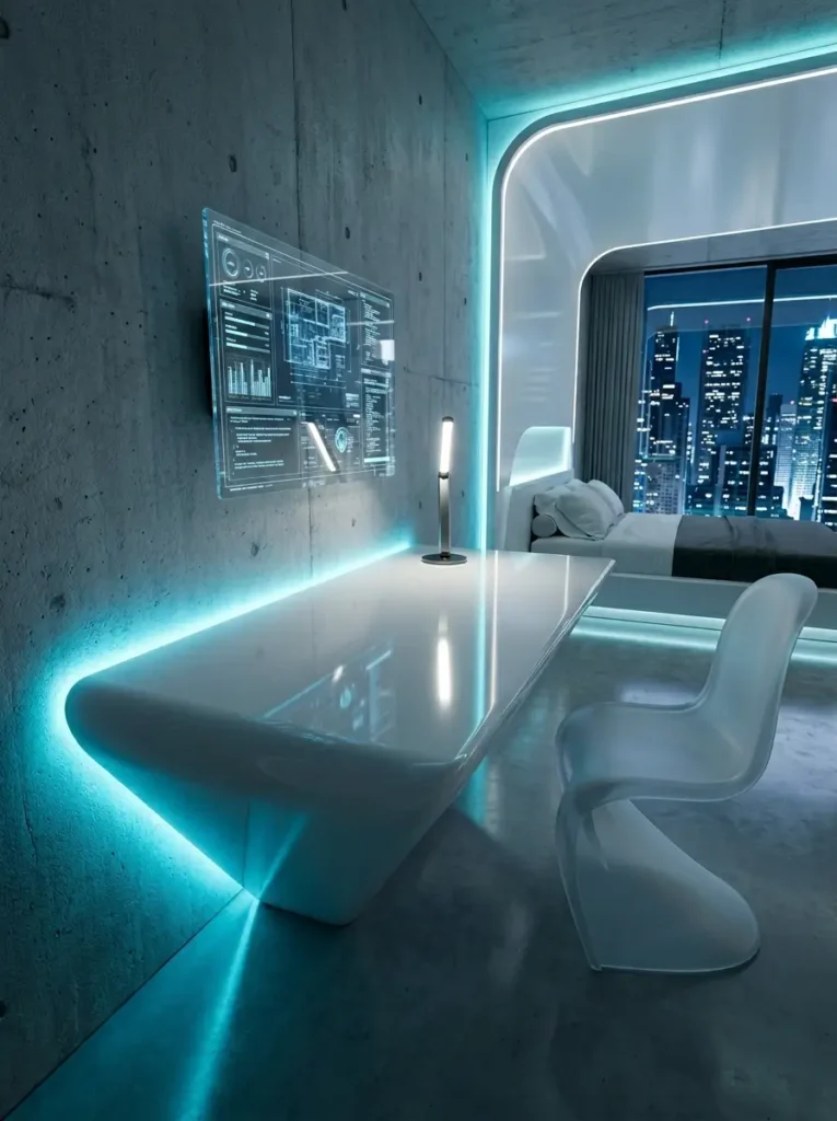 High tech white desk with blue lights and a floating screen.