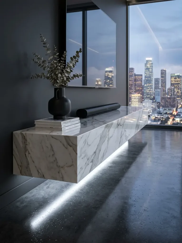 Solid white marble rectangular block floating under a wall mounted television.