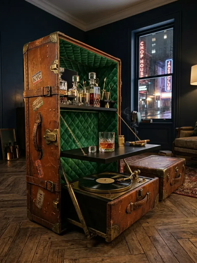Vintage Trunk Bar Table Vintage upright leather trunk opened to show a liquor bar and a record player.