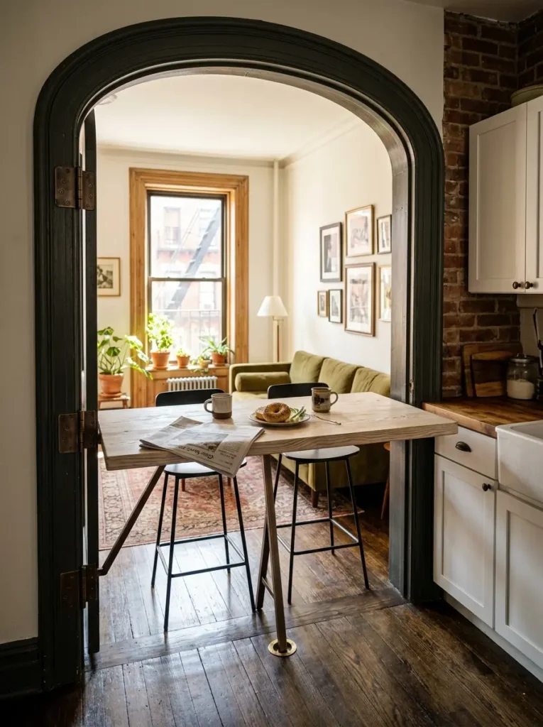 Doorway Hinged Swing Out Breakfast Bar Solid wooden swing out space saving dining table mounted to a dark arched doorway.