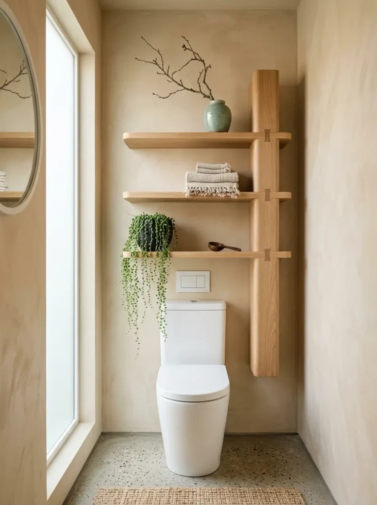 Asymmetrical solid oak shelving unit with trailing green plants over a toilet