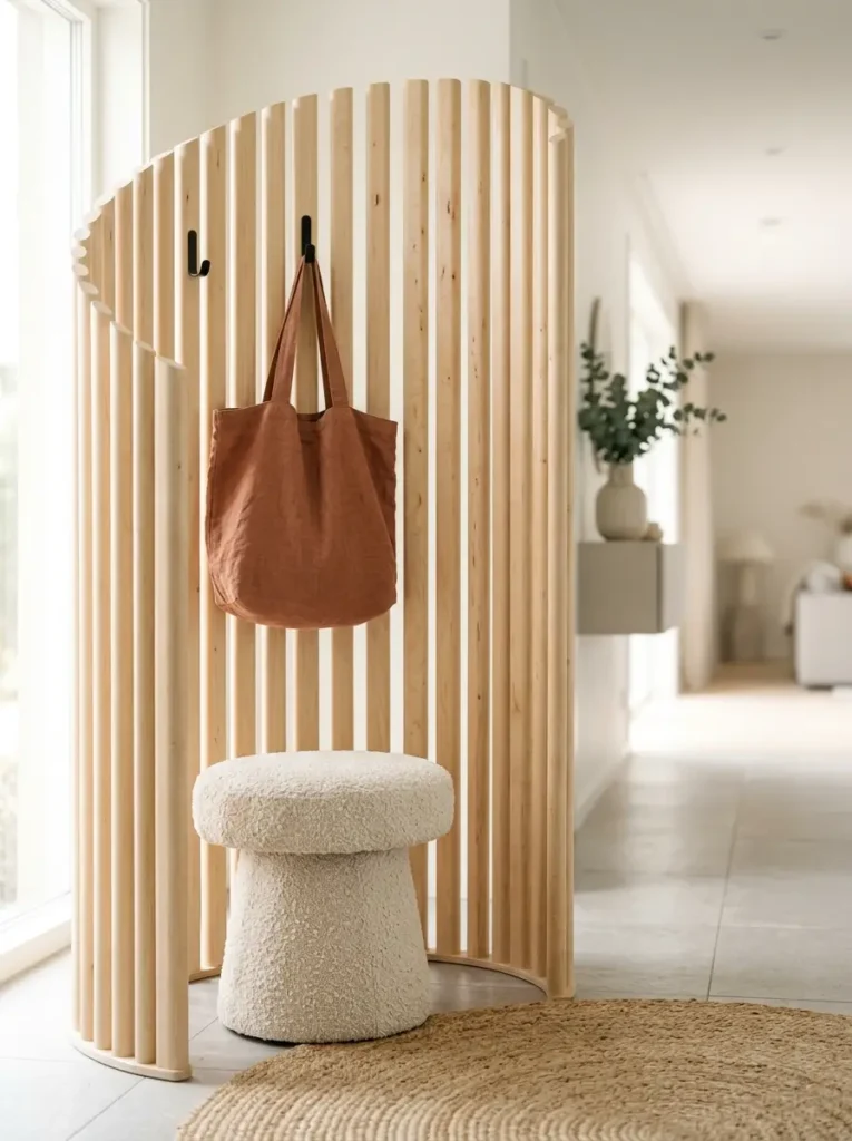 Light timber poles form a curved partition shielding a fuzzy cream stool and a hanging brown tote.