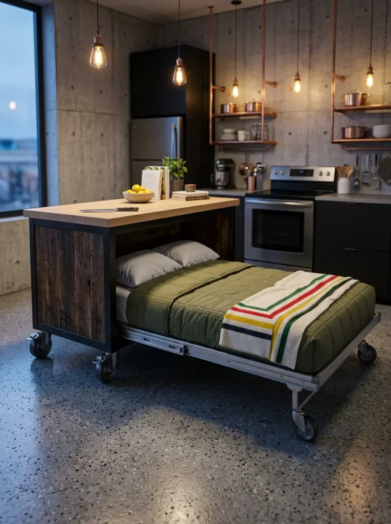 Rolling Kitchen Island Hideaway Rolling kitchen island prep station made of reclaimed wood containing a pull out affordable murphy bed.