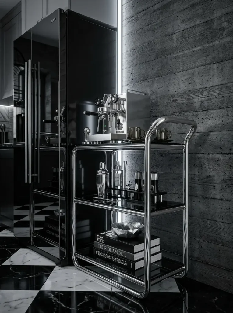 Polished chrome tube cart with black glass shelves and coffee machine