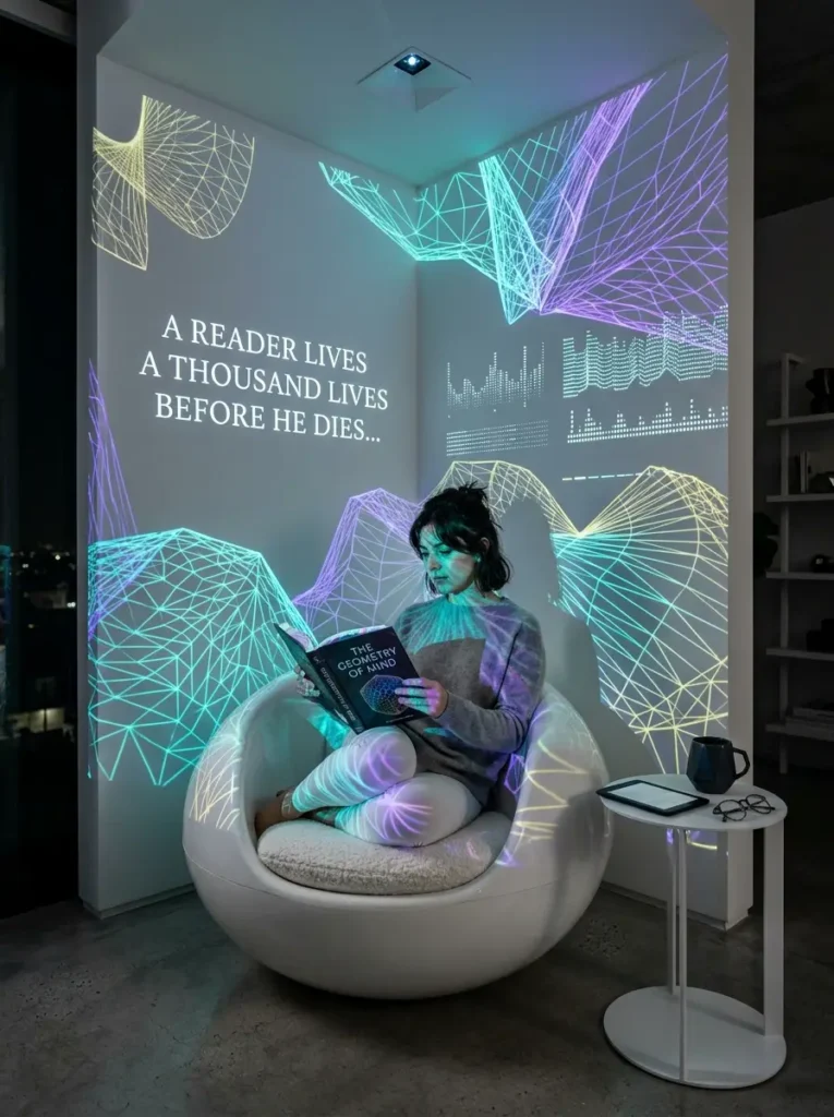 Projected Light Corner Woman reading in a white pod chair surrounded by projected light patterns.