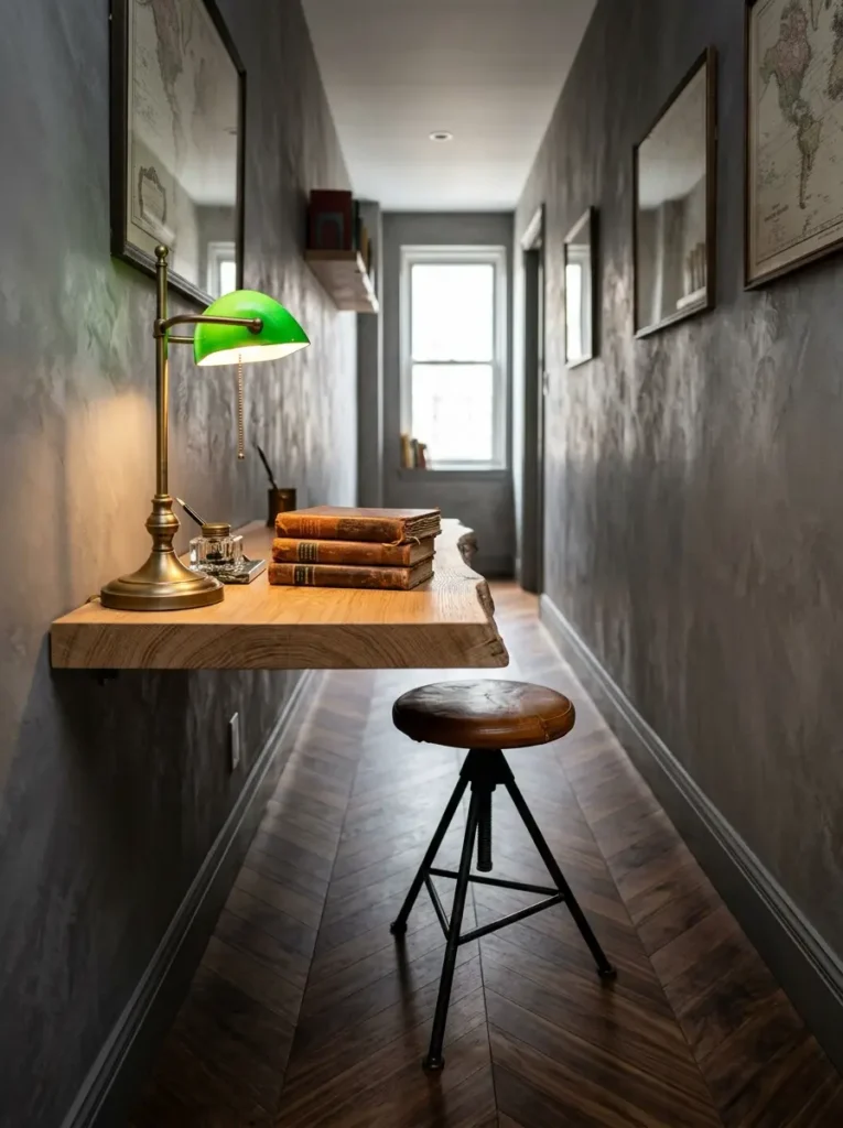 Live Edge Hallway Desk Floating live edge wood desk installed in a narrow gray hallway with a metal stool.