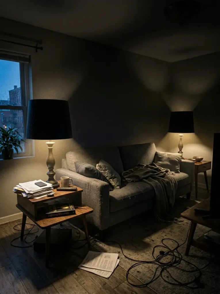 Dark living room corner illuminated only by two dim table lamps casting heavy shadows over a grey couch
