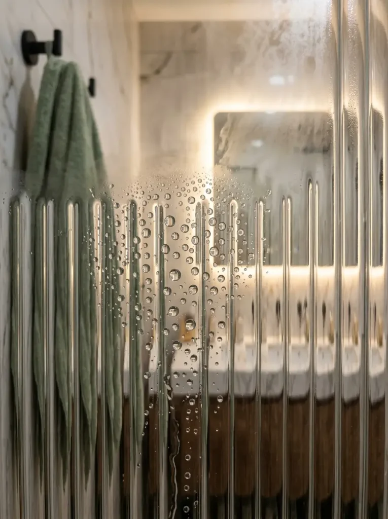 Round water droplets cling tightly to a vertically ribbed glass bathroom partition.
