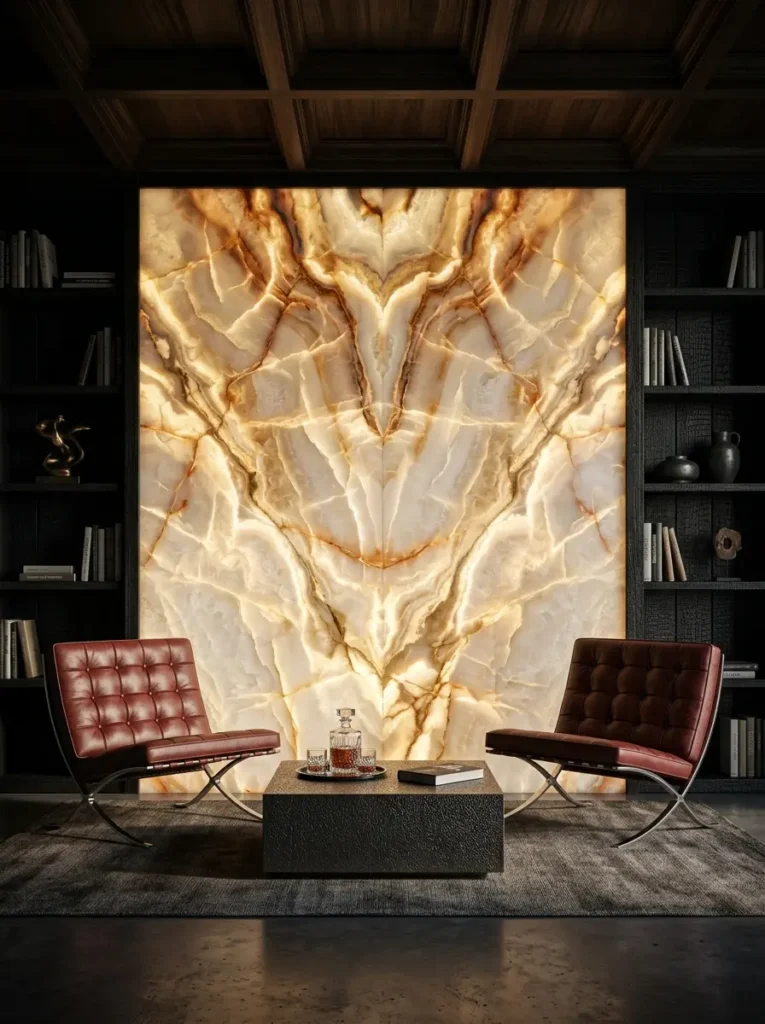 Large backlit translucent onyx wall providing luxurious lighting for dark apartments.