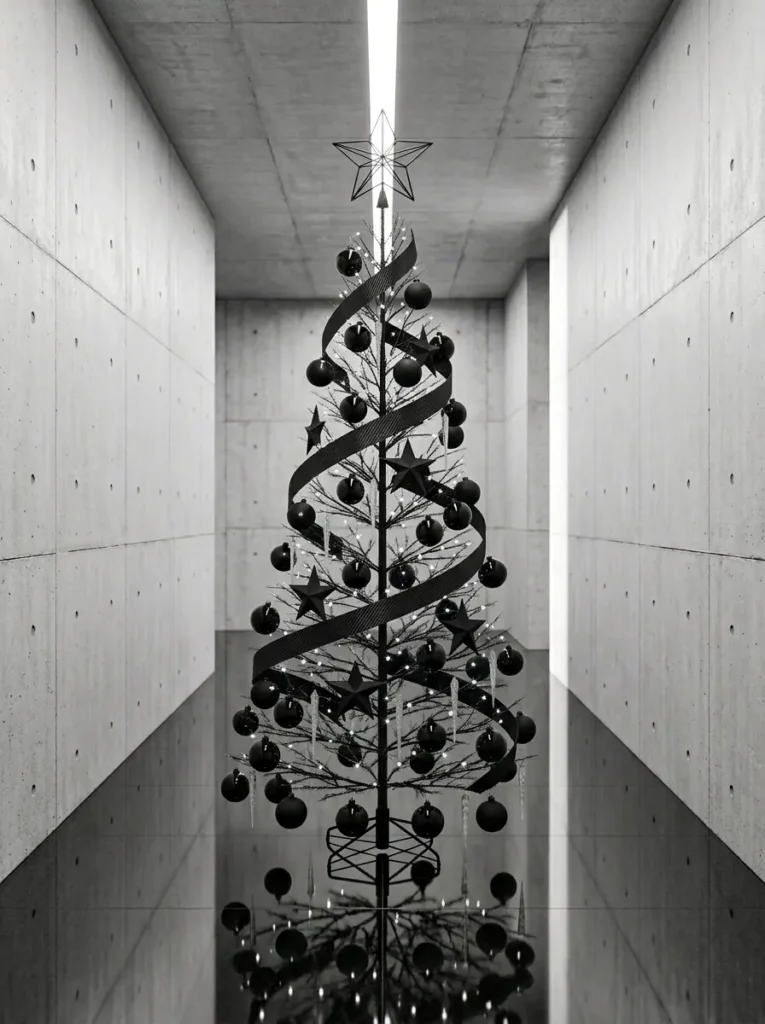 Matte black tree with black baubles and clear icicles standing in a modern concrete hallway