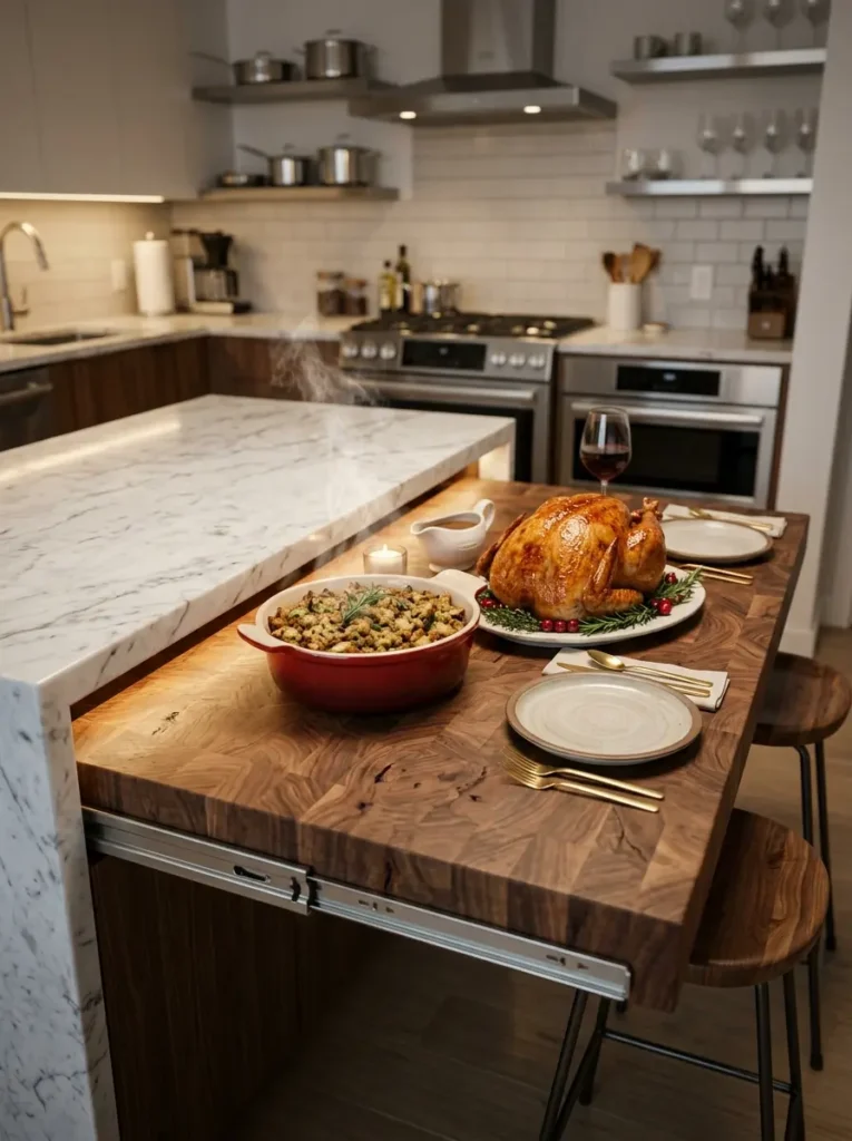 Wooden cutting board section sliding out from underneath a white marble kitchen island