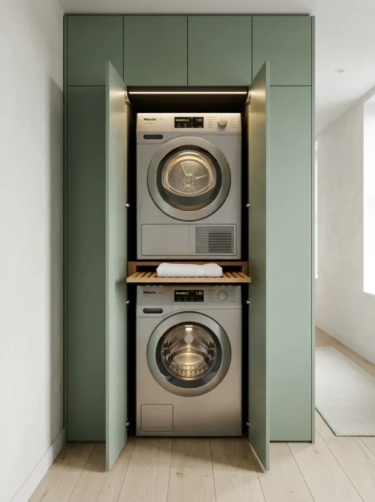 Tall green cabinet doors open to show a silver washing machine and dryer stacked vertically.