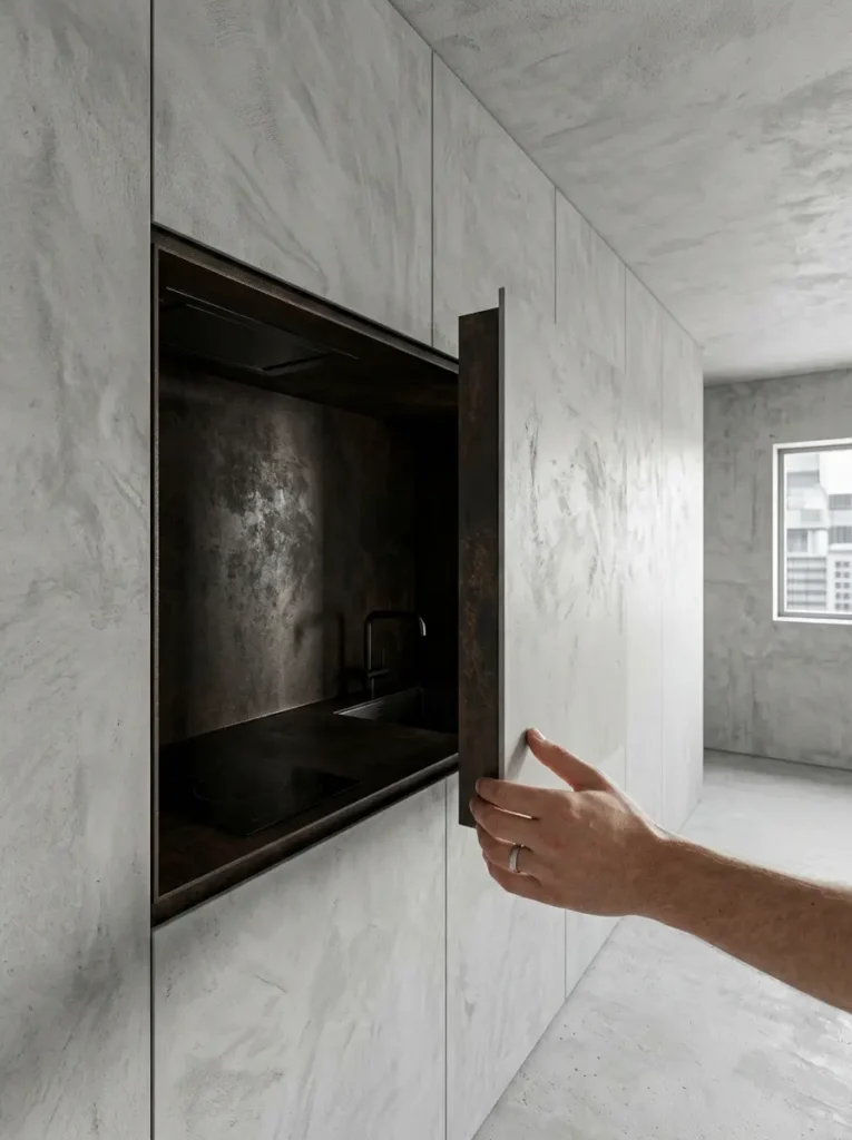 A smooth grey concrete wall with a recessed door pulled open to show a dark textured kitchen cavity inside.