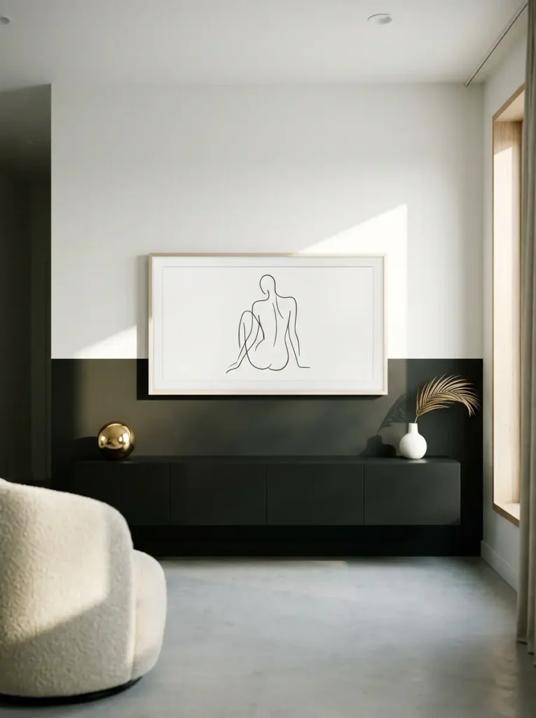 Two tone color block wall blends a black console into the lower half of a small living room tv wall.