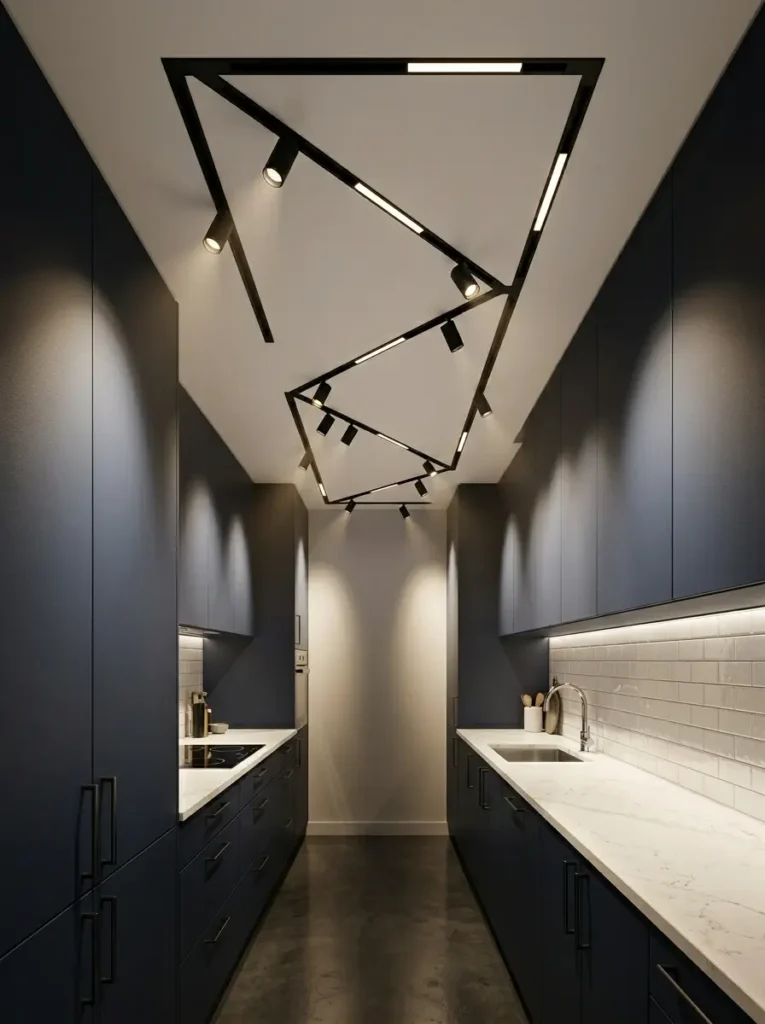 Angular black metal track lighting zig zagging across the white ceiling of a narrow galley kitchen illuminating dark blue cabinets.