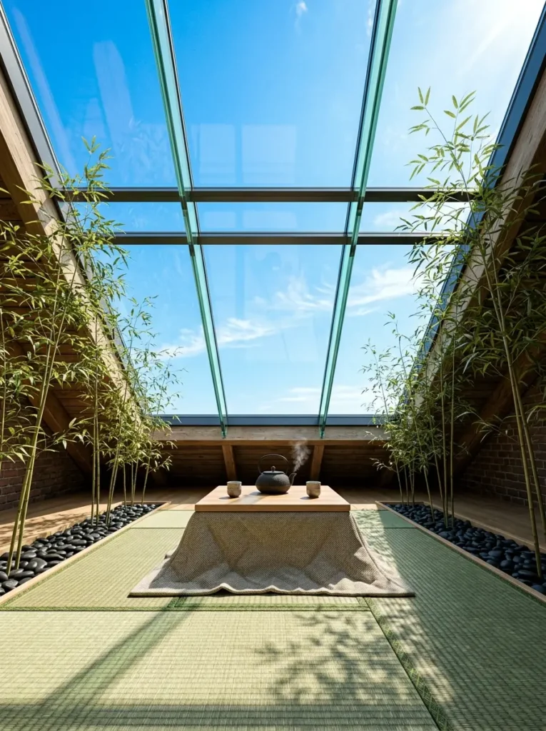 Attic room with a massive sloped glass skylight roof, green tatami mats, bamboo plants, and a low tea table.