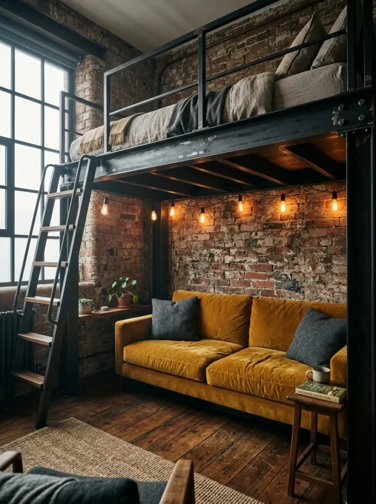 Urban industrial space featuring an elevated black steel loft bed over a yellow velvet sofa against raw exposed brick walls
