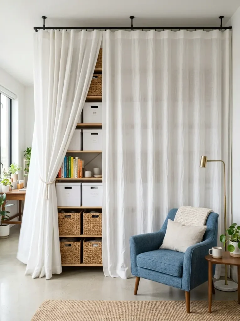 White curtains pull back to reveal organized baskets and boxes.